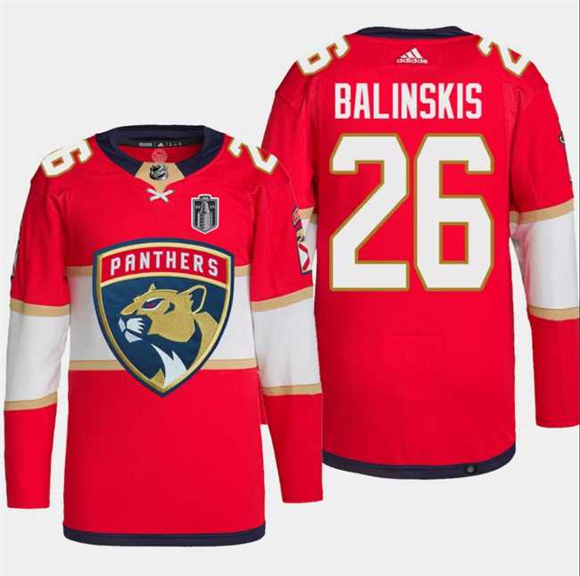 Mens Florida Panthers #26 Uvis Balinskis Red 2024 Stanley Cup Final Patch Stitched Jersey Dzhi